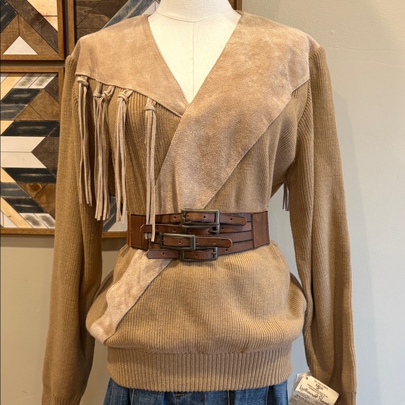 Vintage Western Pioneer Wear Leather Suede Tassel Fringe Knit Sweater Large NWT